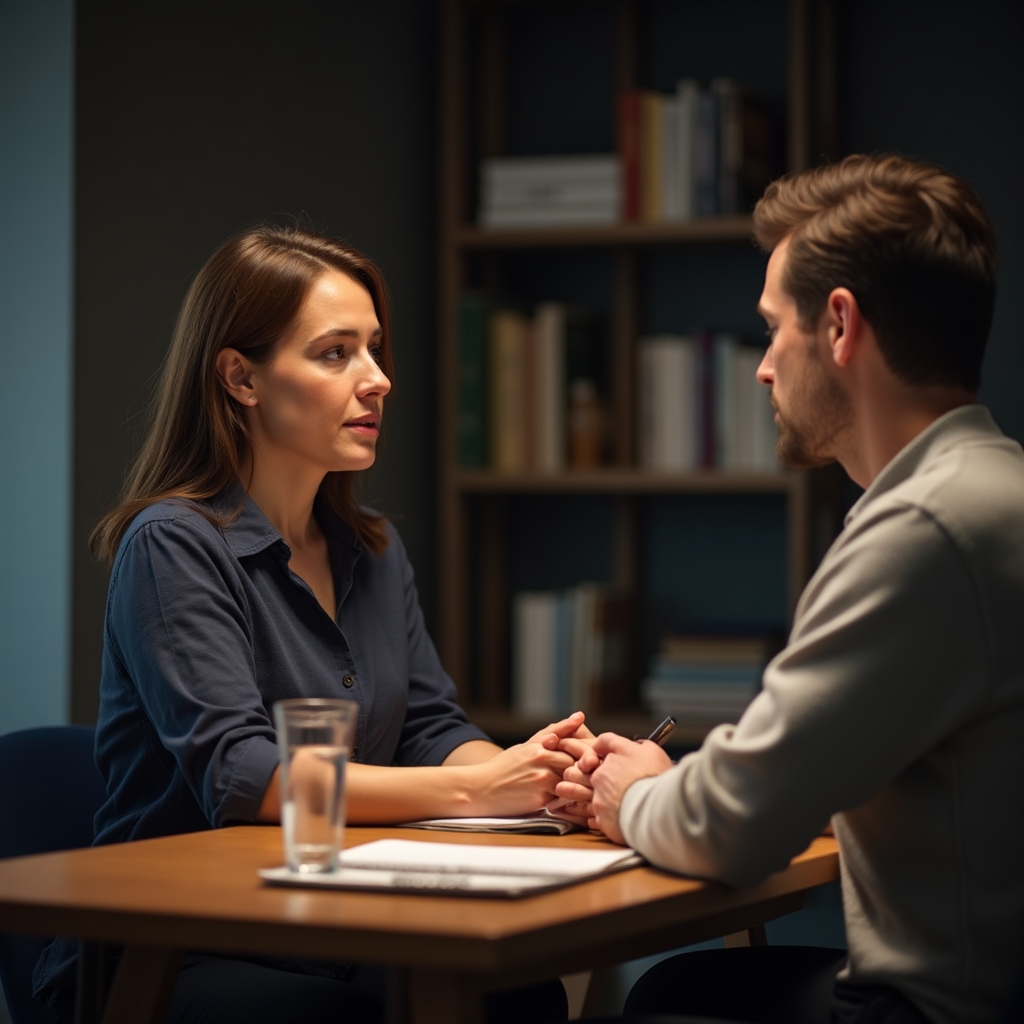 A sleep coach and client in a calm, focused one-on-one session reviewing a sleep schedule