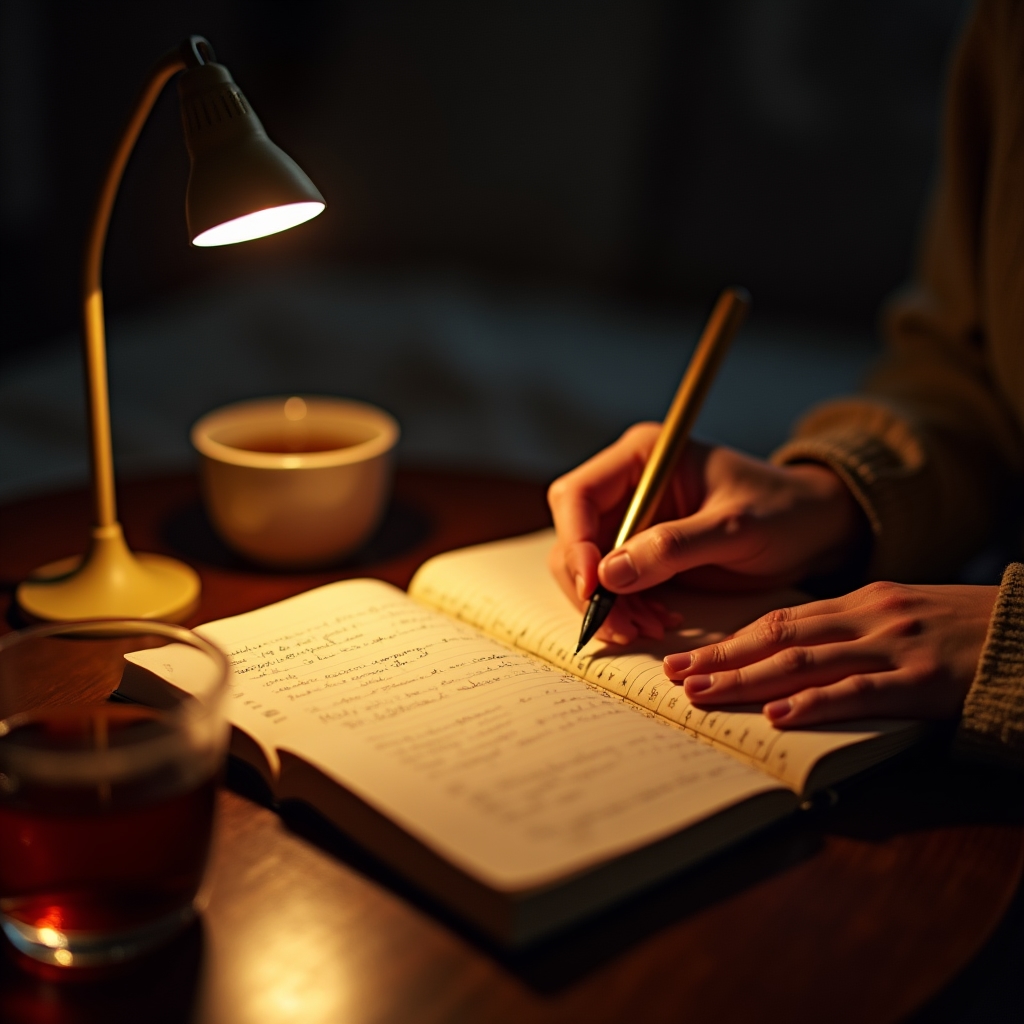 A person writing in a sleep journal by warm lamplight, focused and calm