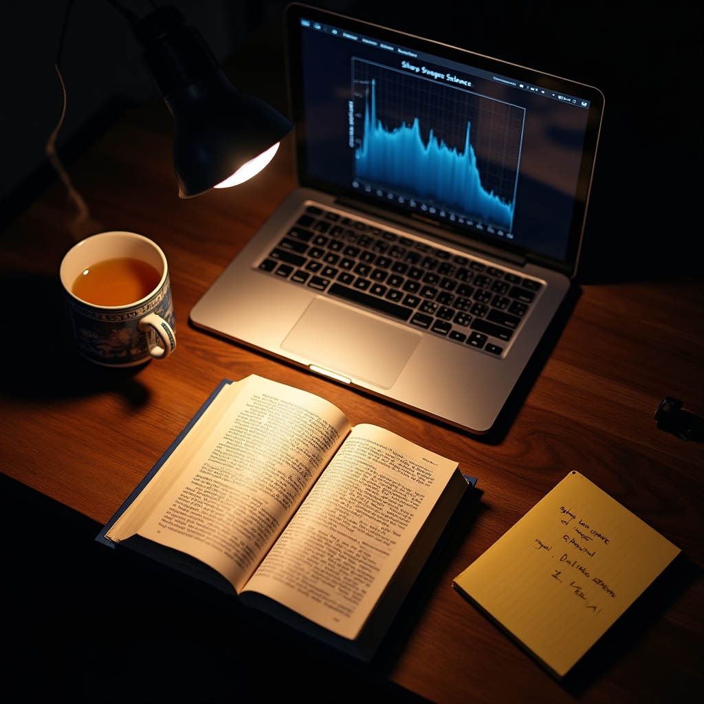 An open research notebook beside a laptop showing sleep study data, warm desk lamp lighting